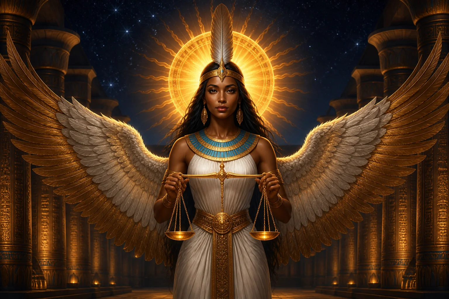 Goddess Ma'at with ostrich feather and outstretched wings holding a golden scale in an Egyptian temple