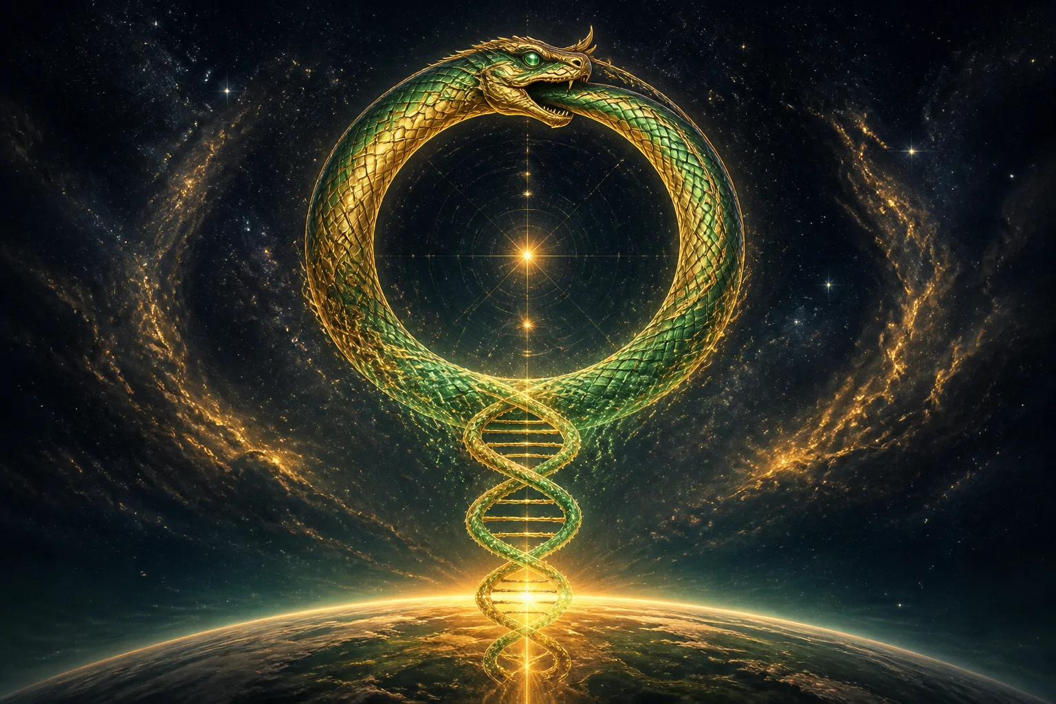An ouroboros serpent whose coil becomes a luminous DNA double helix above the Earth