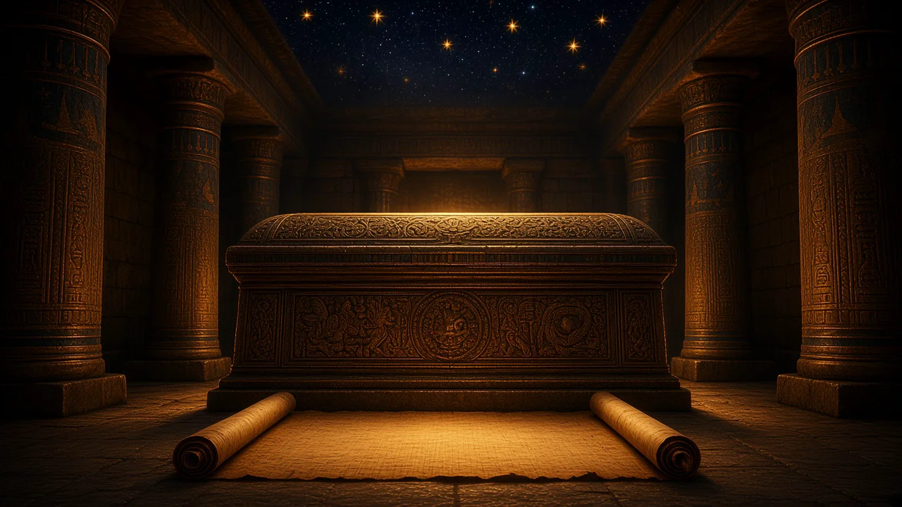 An unrolled funerary papyrus beside a stone pyramid chamber, dark temple light with a gold rim, no writing on the image