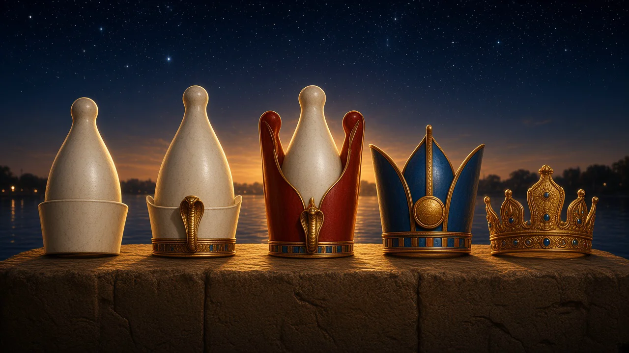 A dark Nile horizon with a sequence of Egyptian royal crowns in gold rim light, no writing on the image