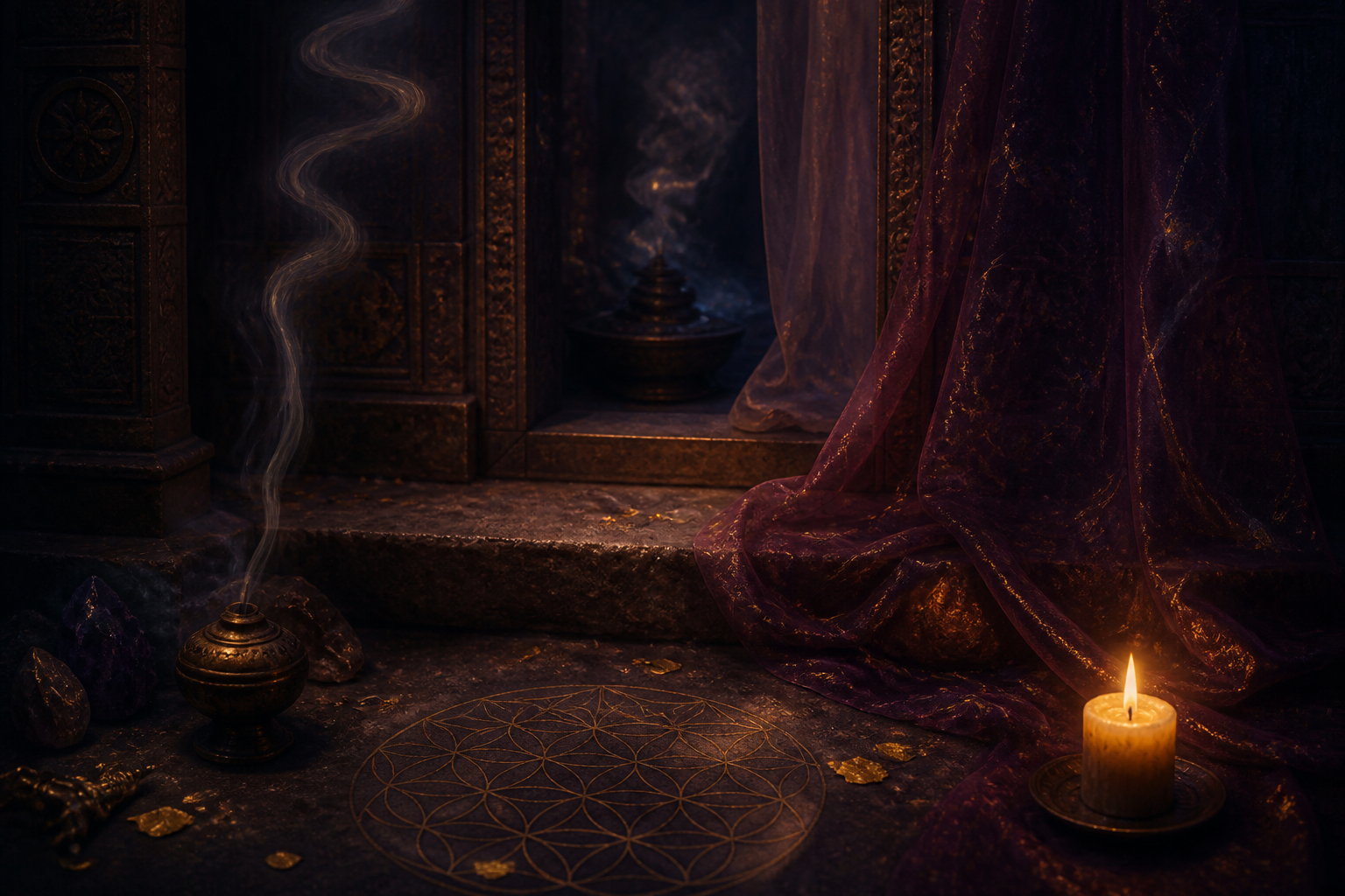 Temple threshold with incense smoke, candlelight, and gold flecks