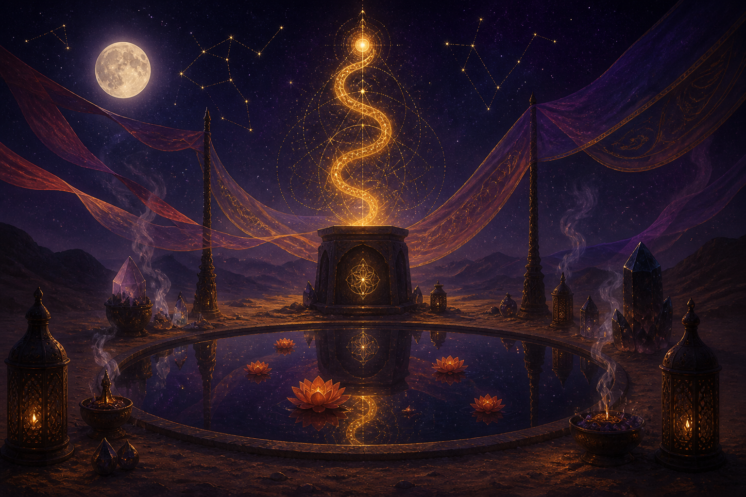 Desert night pool with lotus under moonlight and golden coil light