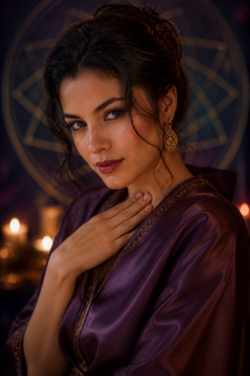 Adult woman resting fingers at her pulse, looking toward the viewer by candlelight