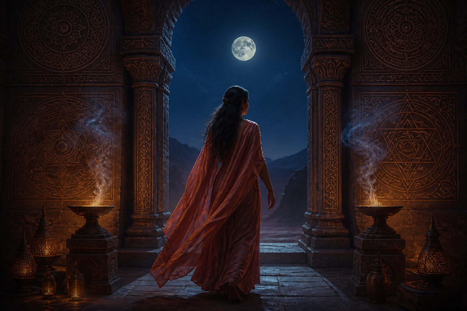Adult woman in rose silk robes walking through a moonlit temple doorway