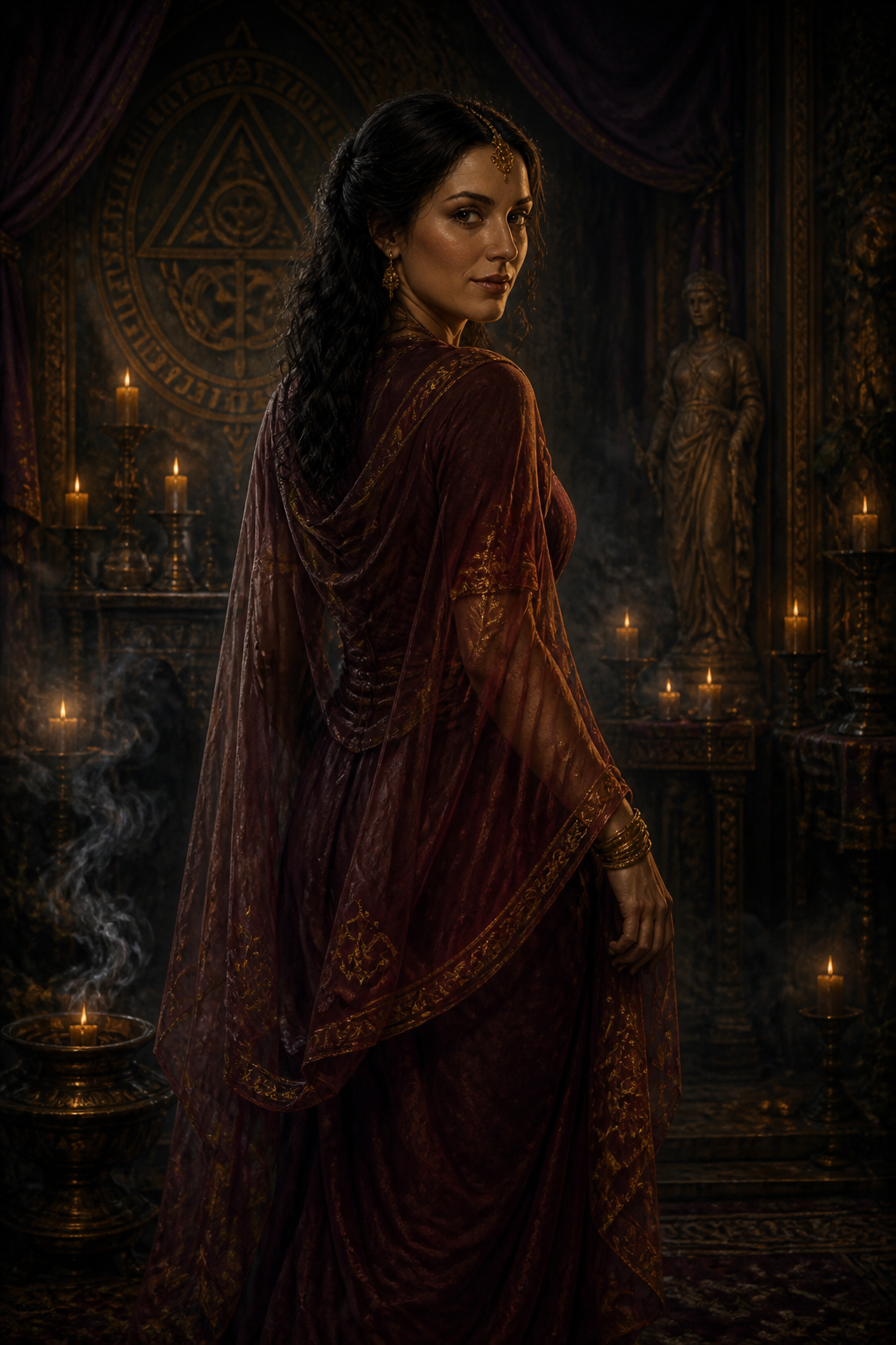 Adult woman in wine silk and veil glancing over her shoulder in candlelight